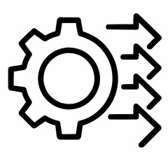 Line icon of a gear with layered arrows &mdash; evolving systems, black on white, square minimalist style