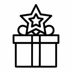 Line icon of a gift box with layered stars &mdash; grand prize, black on white, square minimalist style