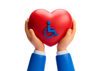 Hands holding a red heart with a blue disability symbol on it isolated on transparent background