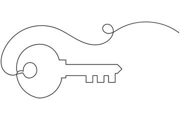 Continuous one line drawing of a metal key for security and access concept