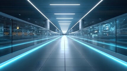 Sleek and modern interior hallway with reflective floor glowing blue neon accents and overhead fluorescent lighting creating a sense of advanced technology and futuristic design
