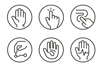 Obraz premium Tactile Logic Icons. Line style round vector icons of Tactile Logic: hand symbol, touch node, finger flow, physical circuit, palm