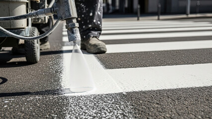 Painter applying white paint on zebra crossing in urban area  