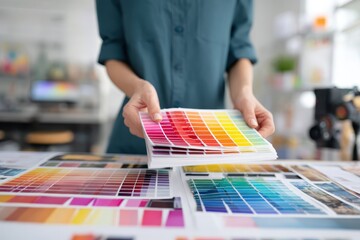 Creative setup with swatches. Art director workplace visuals, graphic project print. Paint color guide samples. Person holding sketch plan selection colour sampling. Design Studio. Printing office