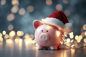 Cute Piggy Bank and Christmas decor background, symbolizing saving management. Holiday spending. New Year Banking, Economy. Wealth, profit, investment concept. Save money idea during the winter season