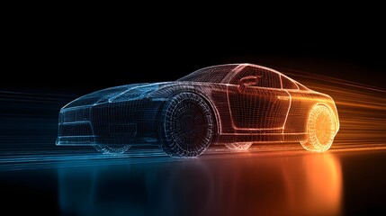 Futuristic Car Illuminated with Neon Lights on a Dark Background, Digital Art.