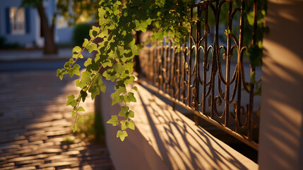 Ivy curling around a vintage wrought-iron fence at sunset, casting intricate shadows across cobblestone pavement — timeless outdoor elegance, botanical patterns, and cinematic golden-hour street