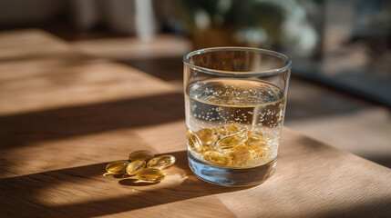 A close-up of probiotic capsules dissolving in a clear glass of water, revealing tiny bubbles as the formula activates &mdash; visualizing microbiome balance and digestive support. cinematic color