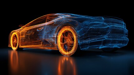 Futuristic Electric Car Illuminated with Orange and Blue Light Trails on Black Background.