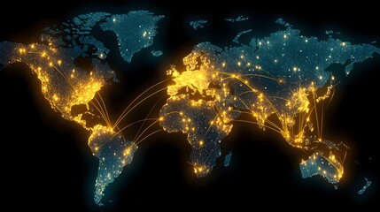 Global Network Connections - Illuminated World Map Depicting International Data Flow.