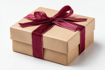 Obraz premium Gift box. One beige colored present box tied maroon velvet ribbon and bow. Joy, anticipation of receiving presents. Single 3D Giftbox neat isolated white backdrop. Distinctive festive Christmas gifts.