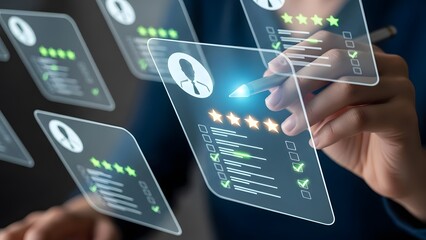Hand holding stylus interacting with floating digital profiles with star ratings interface resumes