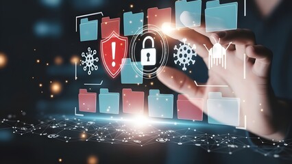 Hand interacting with a digital security interface showing locked files and virus icons data protection