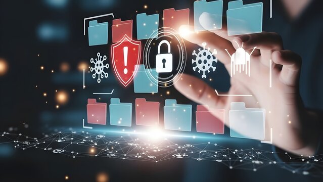 Hand interacting with a digital security interface showing locked files and virus icons data protection - Powered by Adobe