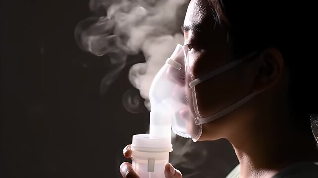 Woman inhaling medication via nebulizer in a dimly lit setting producing billowing vapor