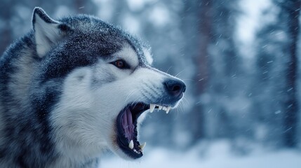 Obraz premium Snarling Husky in Snowy Winter Forest