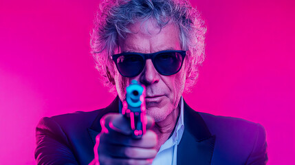 Intense portrait of stylish older man in sunglasses pointing neon blue gun directly at viewer against vibrant pink background, evoking retro-futuristic thriller aesthetic