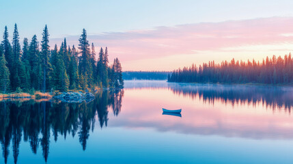 Serene lakeside panorama at dawn, featuring lone blue canoe drifting peacefully on mirror-like water, reflecting stunning pastel pink and blue sky, framed by dense evergreen forests and delicate morni