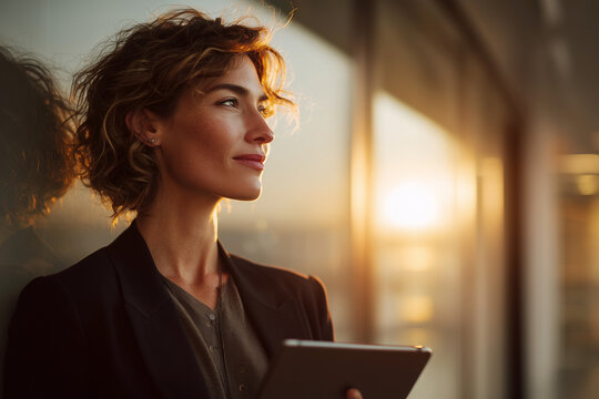 Confident professional woman gazing out office window at sunset, holding a tablet — modern business leadership, inspiration and ambition in golden light - Powered by Adobe