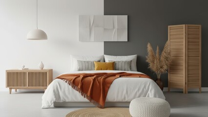 Serene bedroom interior with modern furniture and soft lighting