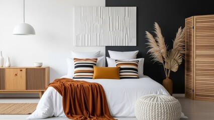 A serene bedroom scene featuring a bed with striped pillows, a rust-colored blanket, and a pouf, set against a contrasting black and white wall.