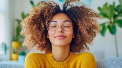 Close-up portrait of beautiful young woman with voluminous curly hair and stylish glasses relaxing peacefully indoors with her eyes closed, practicing mindfulness in cozy, plant-filled home.
