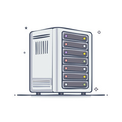 Fototapeta premium Illustration of a data server standing upright on a horizontal line shining with stars for network infrastructure purposes