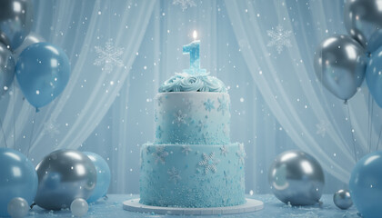 An elegant blue themed celebration cake with icy textures and silver accents, creating a dreamy and luxurious atmosphere for a winter birthday or special event.