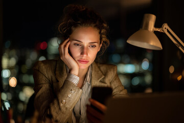 Young professional woman working late in a dim office, illuminated by a desk lamp and phone screen, appearing thoughtful and fatigued