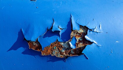 Macro Close-up of Peeling Dark Blue Paint Fragments on an Old Rusted Metal Surface