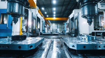 Medium shot of dual setup with CNC and manual machining processes working concurrently on cast precision parts under bright factory lighting.