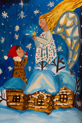 Angel and little girl over houses in winter made by child using gouache