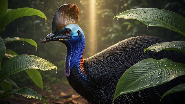 A stunning portrait of a vibrant cassowary in a lush rainforest setting