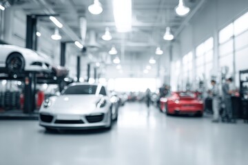 Automobile repair service center with out of focus backdrop. Car service center, blurred no focus background auto on lift, mechanics working in the garage. Defocused auto workshop, blur. Banner.