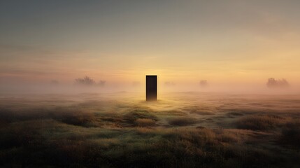 Mysterious monolith rising above a sea of clouds at sunrise, surreal landscape.