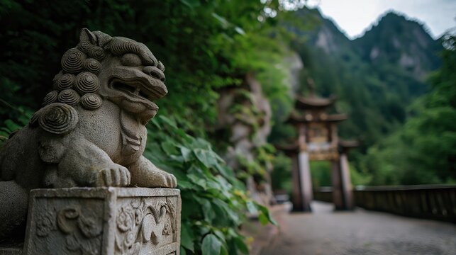 Stone Guardian Lion at Mountain Temple Gate