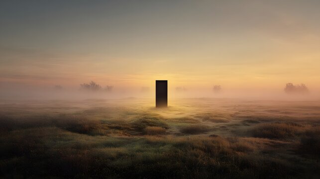 Mysterious monolith rising above a sea of clouds at sunrise, surreal landscape.