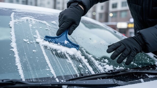 Close-up of a gloved hand scraping snow off a car windshield.