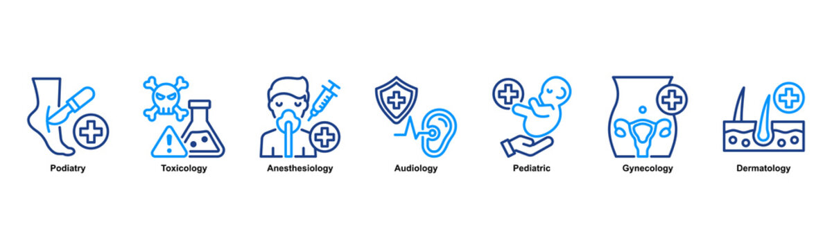 Clinical Specialties web banner icon illustration concept with an icon of Podiatry,Toxicology,Anesthesiology,Audiology,Pediatric,Gynecology, And Dermatology. Line Color style
