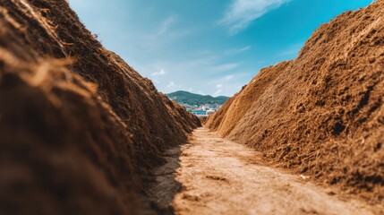 Medium shot of composting organic tanning byproducts in large aerobic windrows highlighting natural waste decomposition and resource recovery