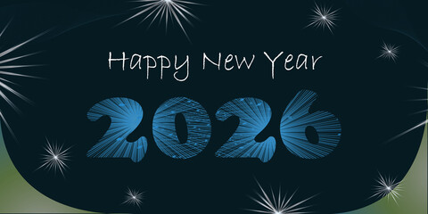 Bright color fireworks light up the black night sky for a happy new year 2026 holiday celebration party design vector illustration.