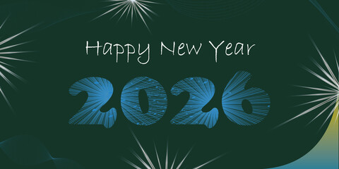 Happy New Year 2026 celebration card Photo design with vector fireworks, winter night light art, and a merry Christmas tree illustration.