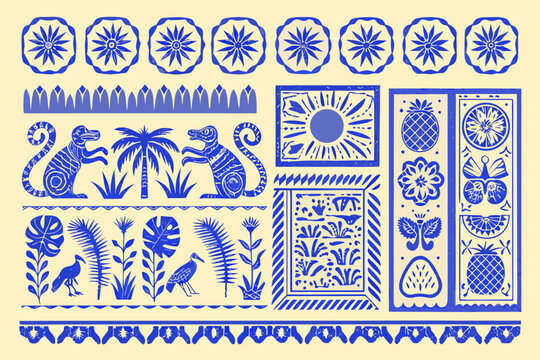 A collection of blue and white botanical and animal patterned tiles
