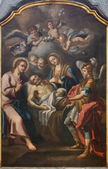 Fototapeta premium CETARA, ITALY - OCTOBER 7, 2025: The painting of Death of St. Joseph (Transito di Sasn Giueppe) in the church Chiesa di San Pietro by unknown artist from 18. cent. 