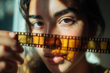 Close-up portrait of a young woman holding a vintage filmstrip across her face, warm sunlight highlighting eyes and skin texture