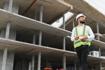 Engineer inspecting construction site holding blueprint plans