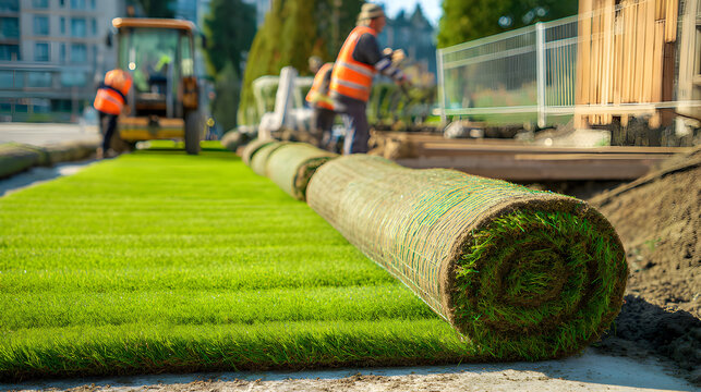 Sod roll installation on new lawn with workers in background. Fresh turf grass rollout during landscaping and ground preparation. Installing natural sod lawn at construction site in daylight.