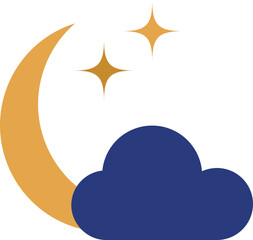 Whimsical crescent moon and sparkling stars peeking through a fluffy blue cloud at night