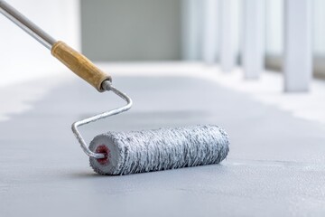 Construction worker leveling concrete floor using a smoothing tool. Concept building renovation home. Master man with roller screed surface flooring with self pouring cement mortar for floors finish