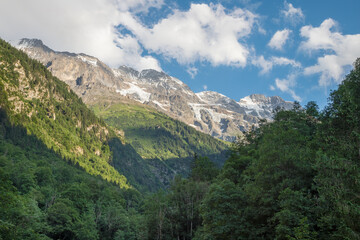 The Hineres Lauterbrunnental valley with the peaks Grosshorn and Mittaghorn in the morning litht.